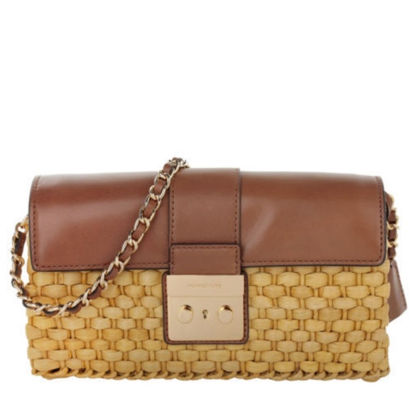 NEW Michael Kors Gabriella Clutch Straw and Brown Leather Purse - Picture 1 of 4